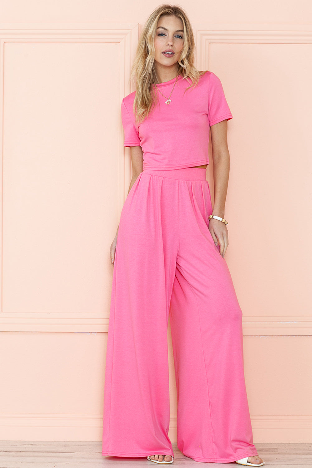 Strawberry Pink Plain Slim Fit Crop Top And Wide Leg Pants Set