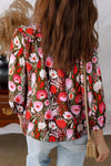 Red Floral 3/4 Sleeve Lace-up Neck Blouse