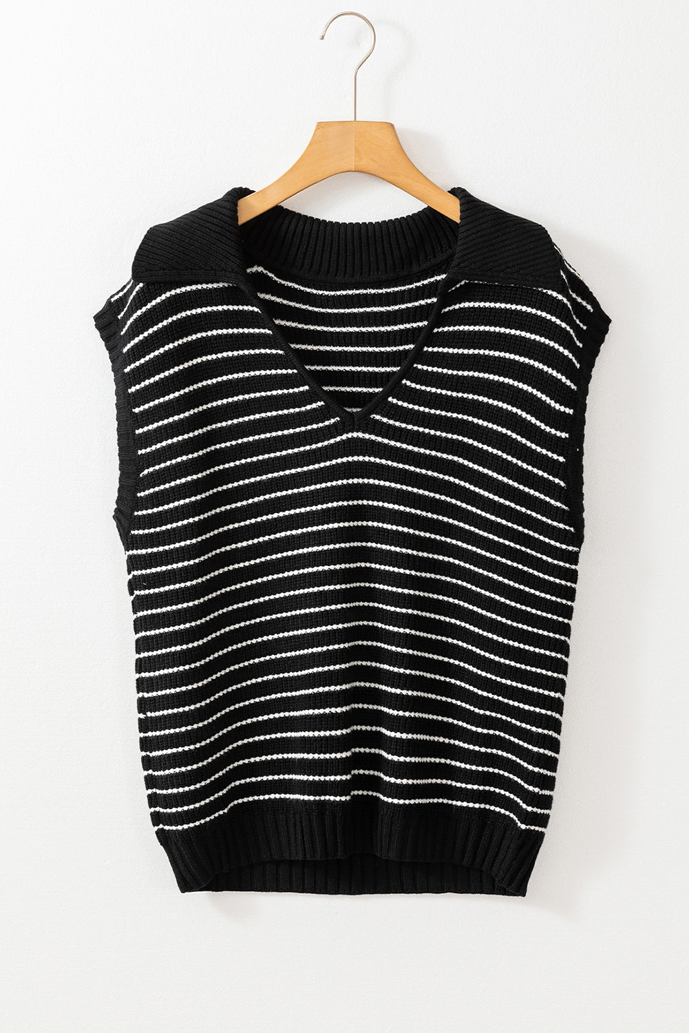 Beige Stripe Turn-down Collar Sleeveless Knitted Top