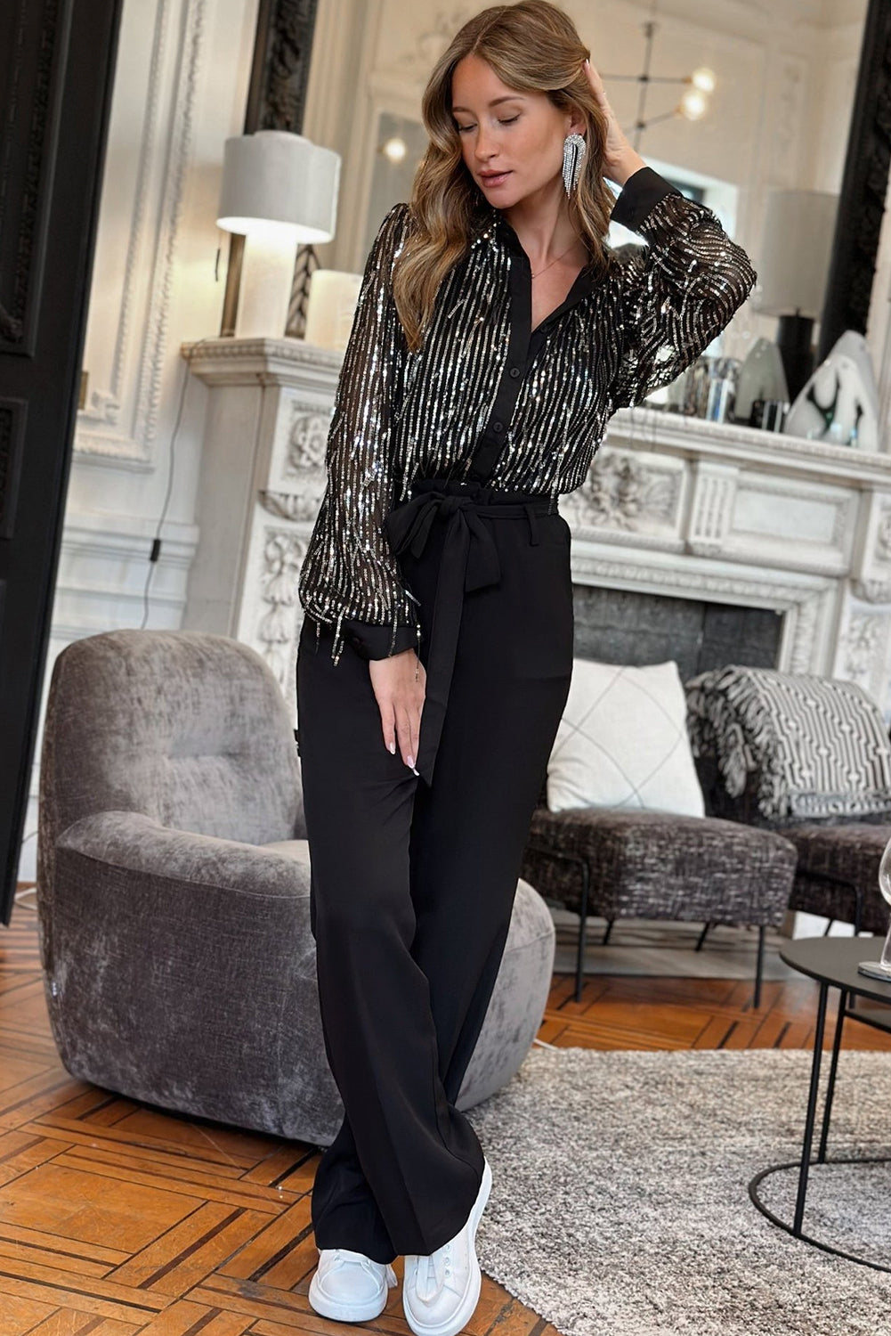 Black Sequin Tassel Button-Up Shirt