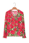 Red Floral Print Lace up V Neck Flounce Sleeve Blouse
