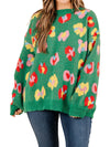 Green Plus Size Floral Knitted Drop Shoulder Sweater