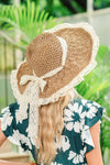 Parchment Boho Woven Ruffle Lace Trim Knot Vacation Hat