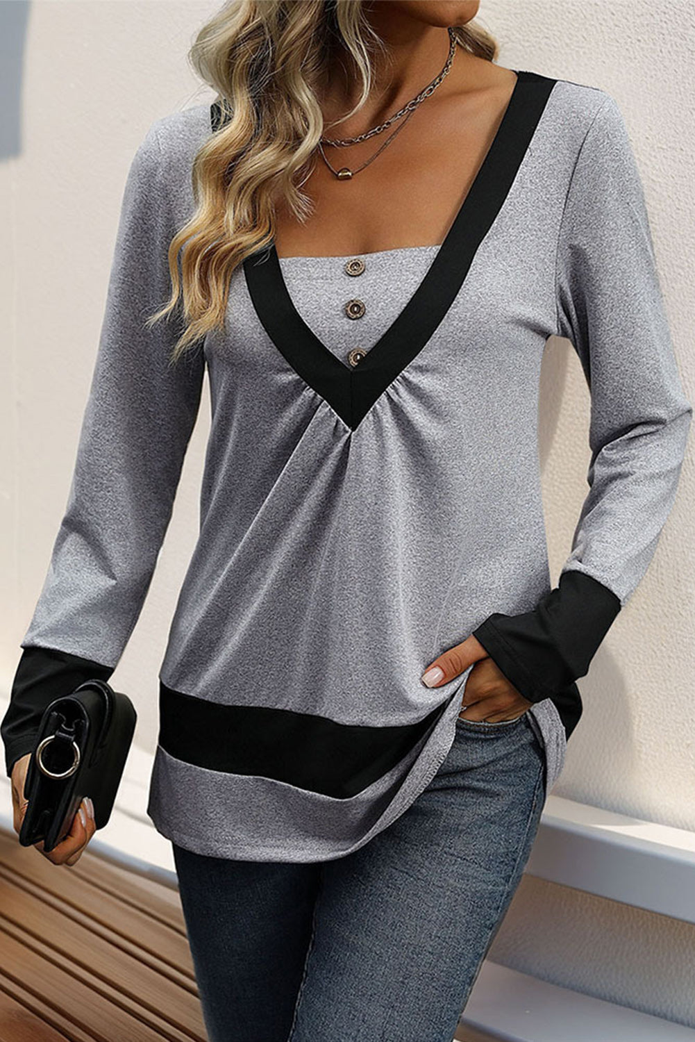 Gray Stripe Colorblock Button Long Sleeve Top