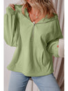 Smoke Green Half Zipper Kangaroo Pockets Drop Shoulder Hoodie