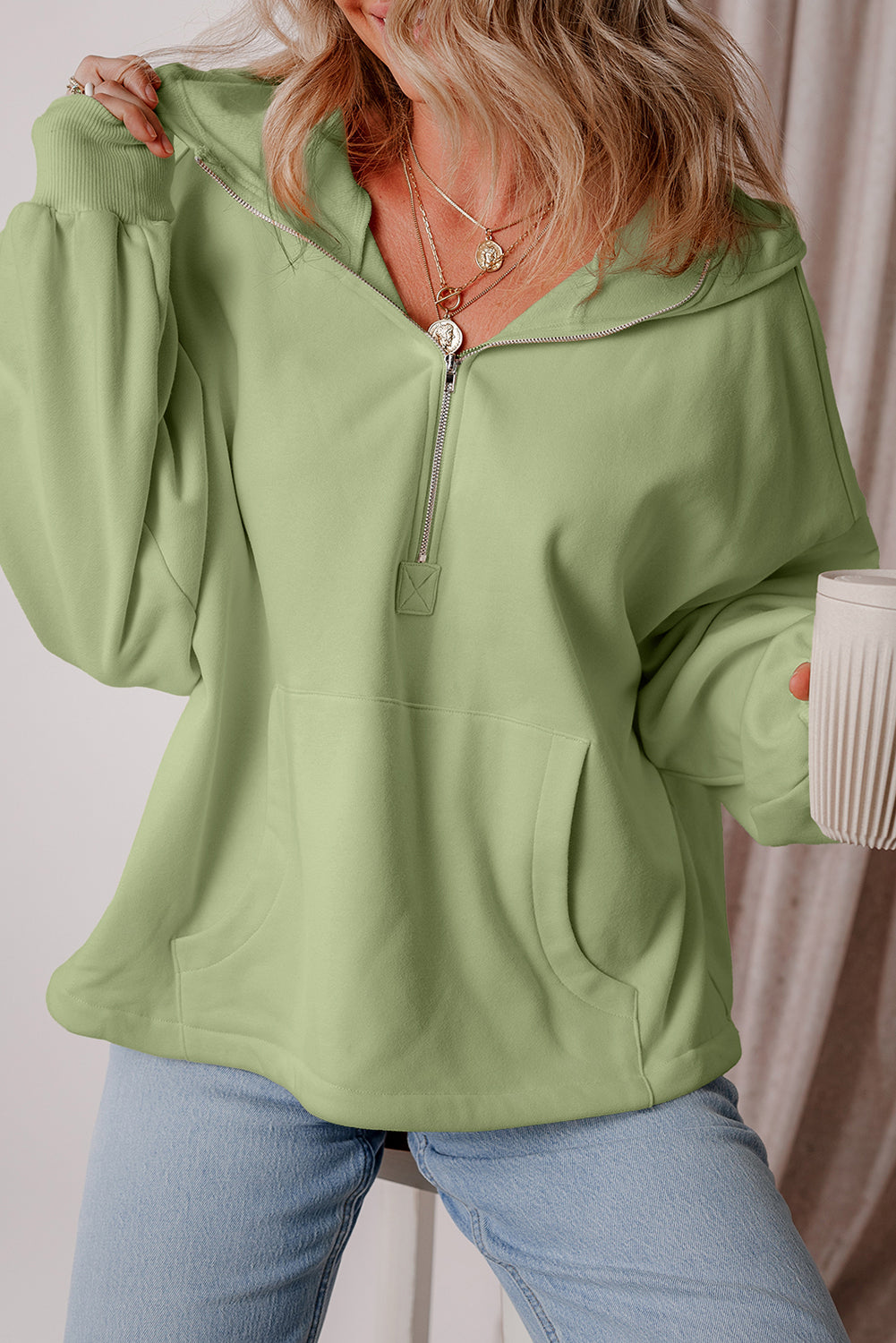 Smoke Green Half Zipper Kangaroo Pockets Drop Shoulder Hoodie