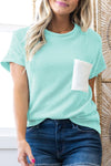 Dark Blue Corded Knit Color Block Pocketed Crew Neck T Shirt