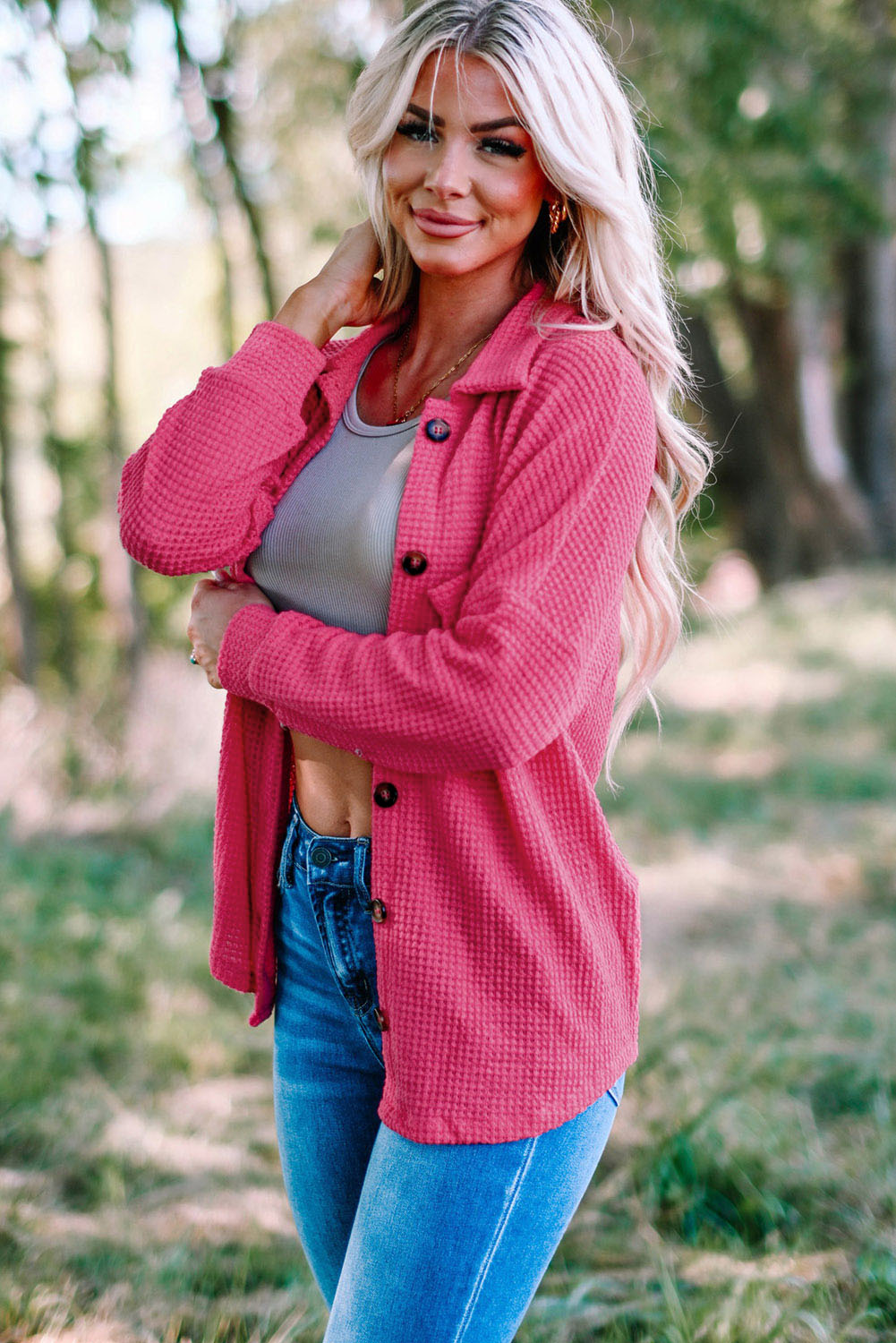 Hot Pink Pocket Buttons Front Waffle Knit Shacket