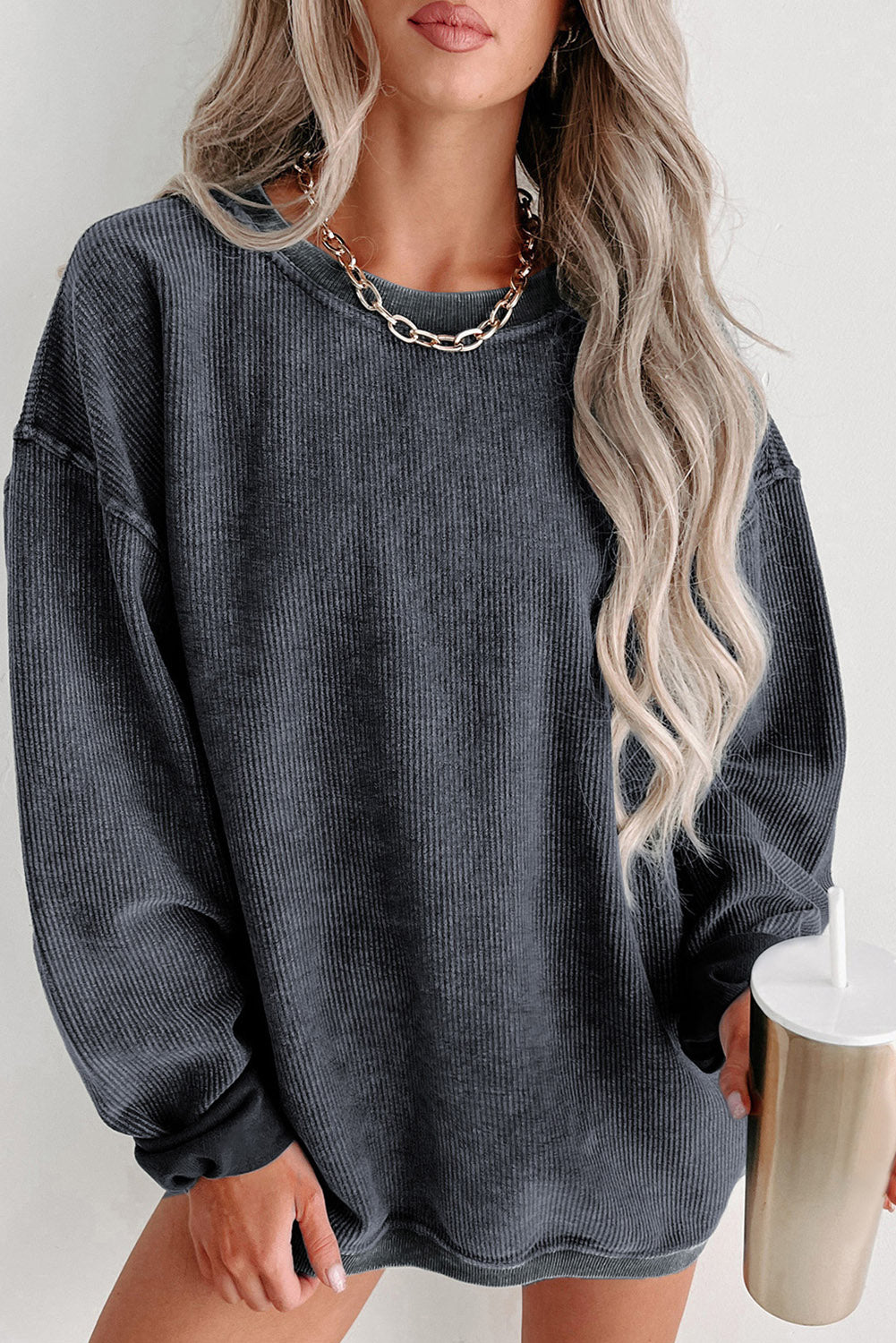 Khaki Solid Ribbed Round Neck Pullover Sweatshirt