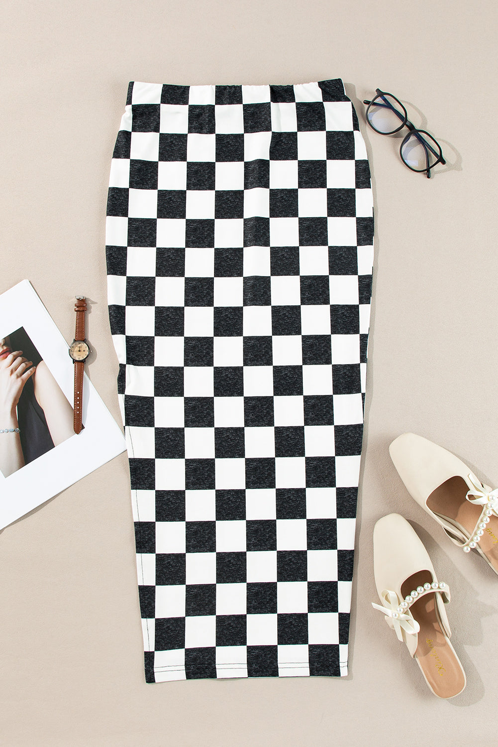 Rose Checkered Print Side Slit Slim Fit Midi Skirt