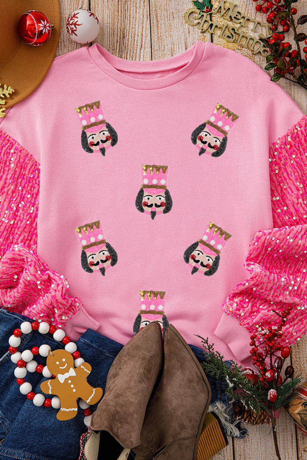 Pink Sequin Nutcracker Graphic Patchwork Sweatshirt