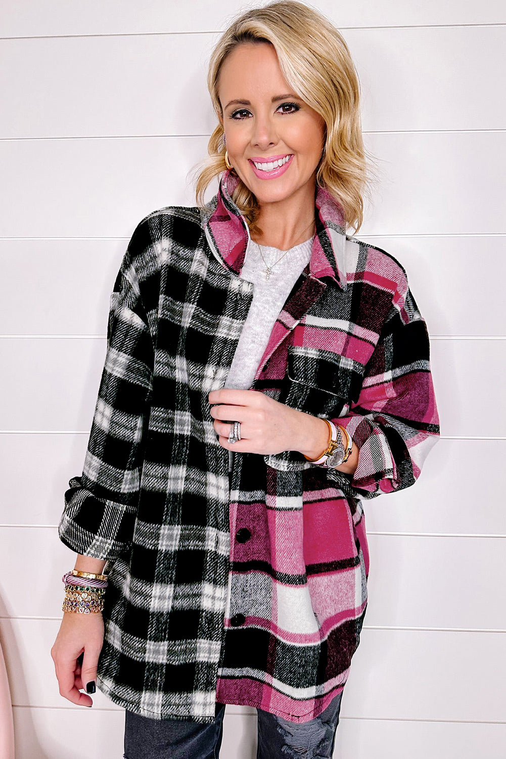 Black Plaid Colorblock Loose Flat Pocket Shacket