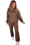 Coffee Allover Leopard Print Contrast Trim Long Sleeve Top and Pants Set