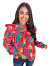 Rose Floral Print Pleated Ruffled O Neck Plus Size Blouse