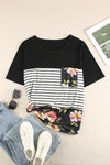 Black Stripe Floral Casual Splicing Block Plus Size Top