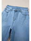 Light Blue Floral Beads Decor High Rise Wide Leg Jeans