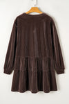 Dark Brown Textured Velvet V Neck Button Mini Dress