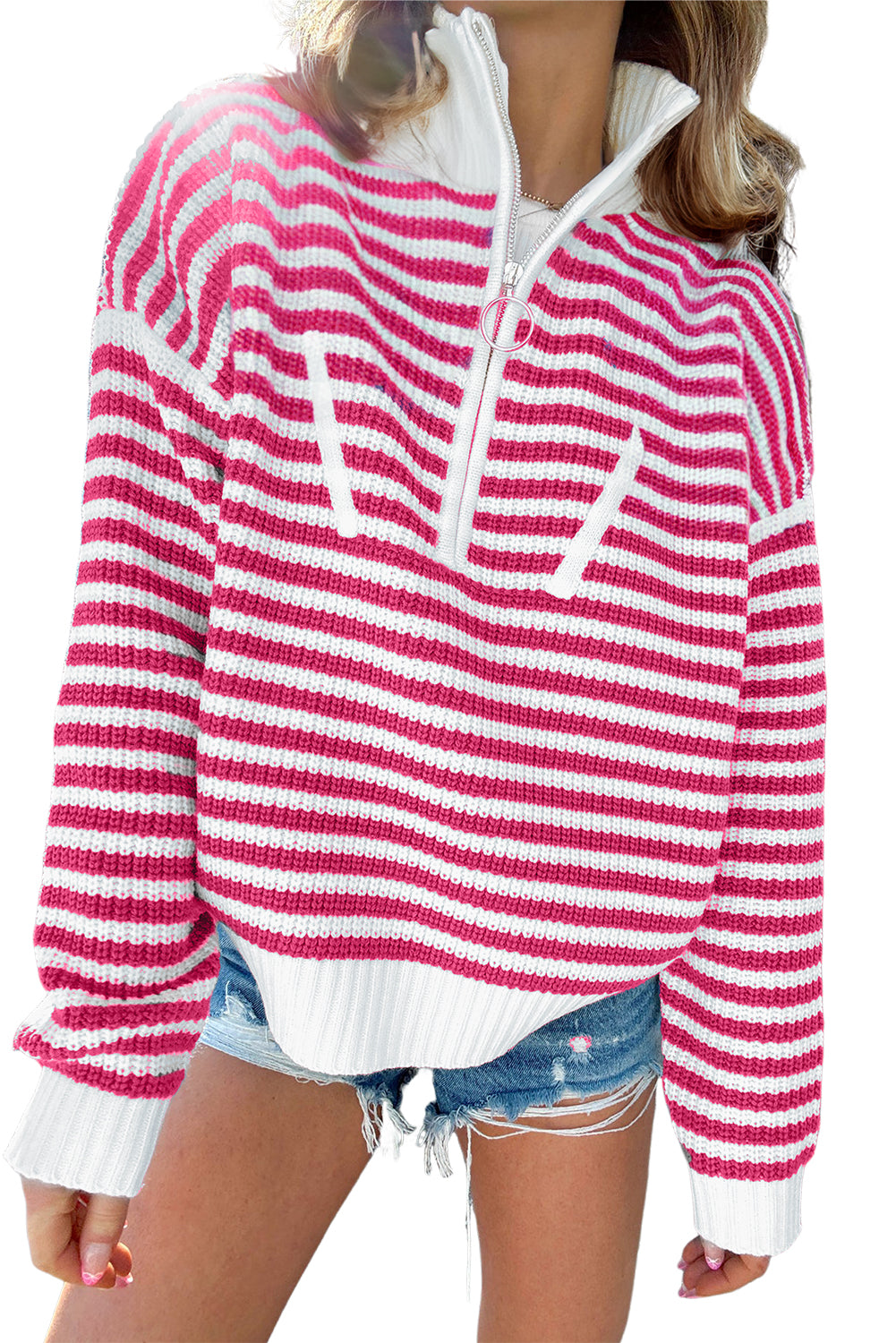 Pink Stripe Zip Up Collar Drop Sleeve Sweater