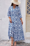 Sky Blue Geometric Print Notch Neck Plus Size Maxi Dress