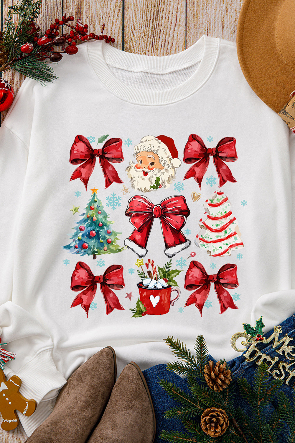 Beige Christmas Tree Bowknot Santa Clause Graphic Sweatshirt