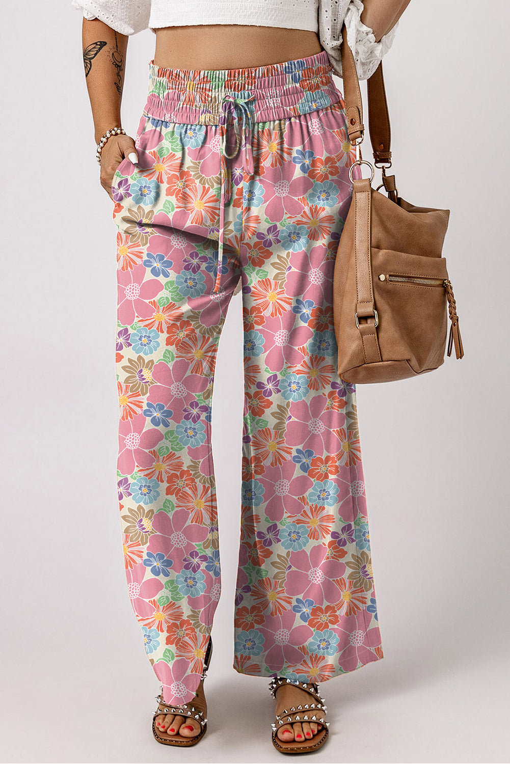 Pink Floral Smocked Elastic Waist Loose Pants