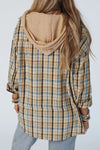 Drawstring Plaid Button Up Hooded Shacket - Cocoa Yacht Club