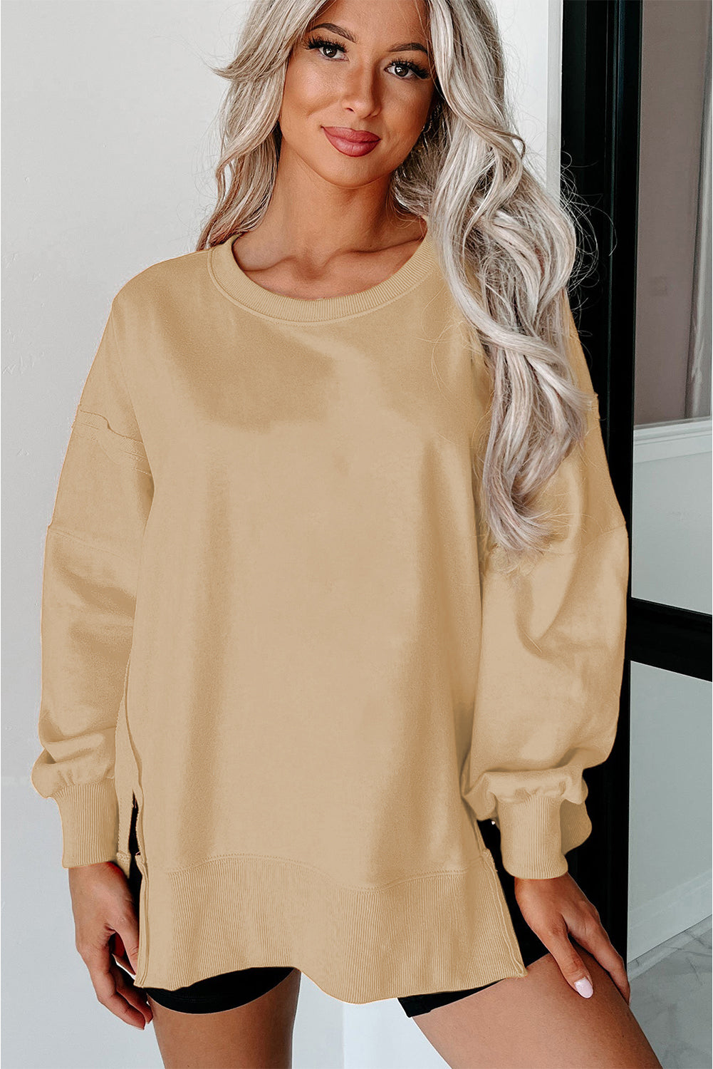 Black Exposed Seam Drop Shoulder Side Slit Sweatshirt