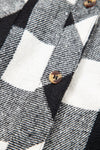 Black Plaid Patchwork Drawstring Hooded Raw Hem Shacket