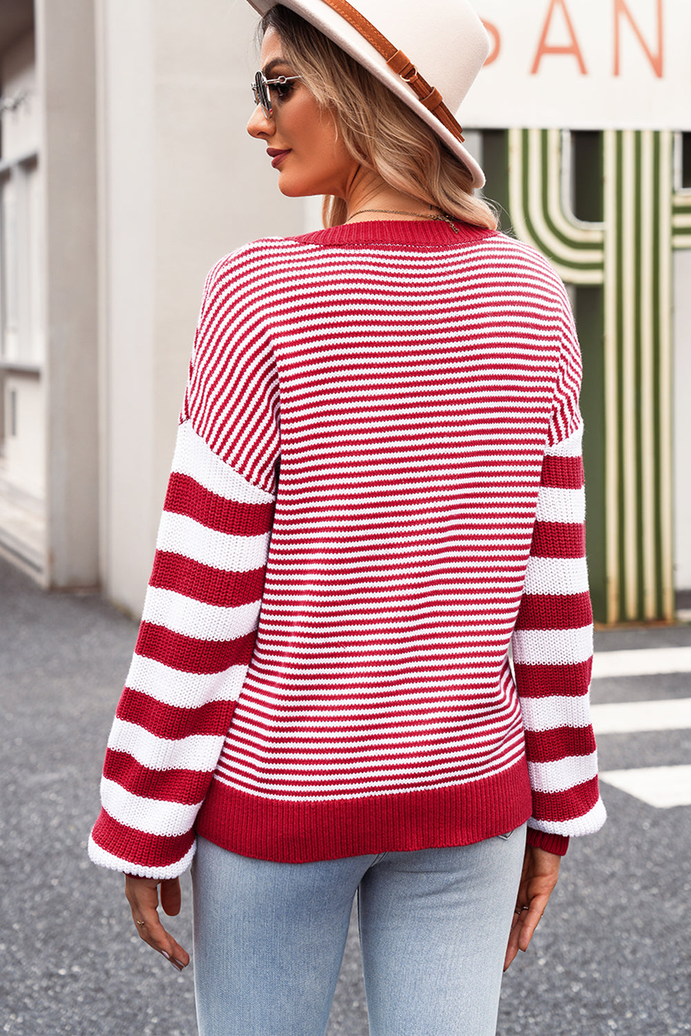 Red Stripe Twisted Knitted Drop Shoulder Sweater