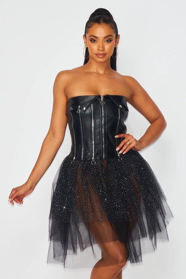 Kayla Contrast Mesh Faux Leather Zipper Detail Tutu Strapless Dress
