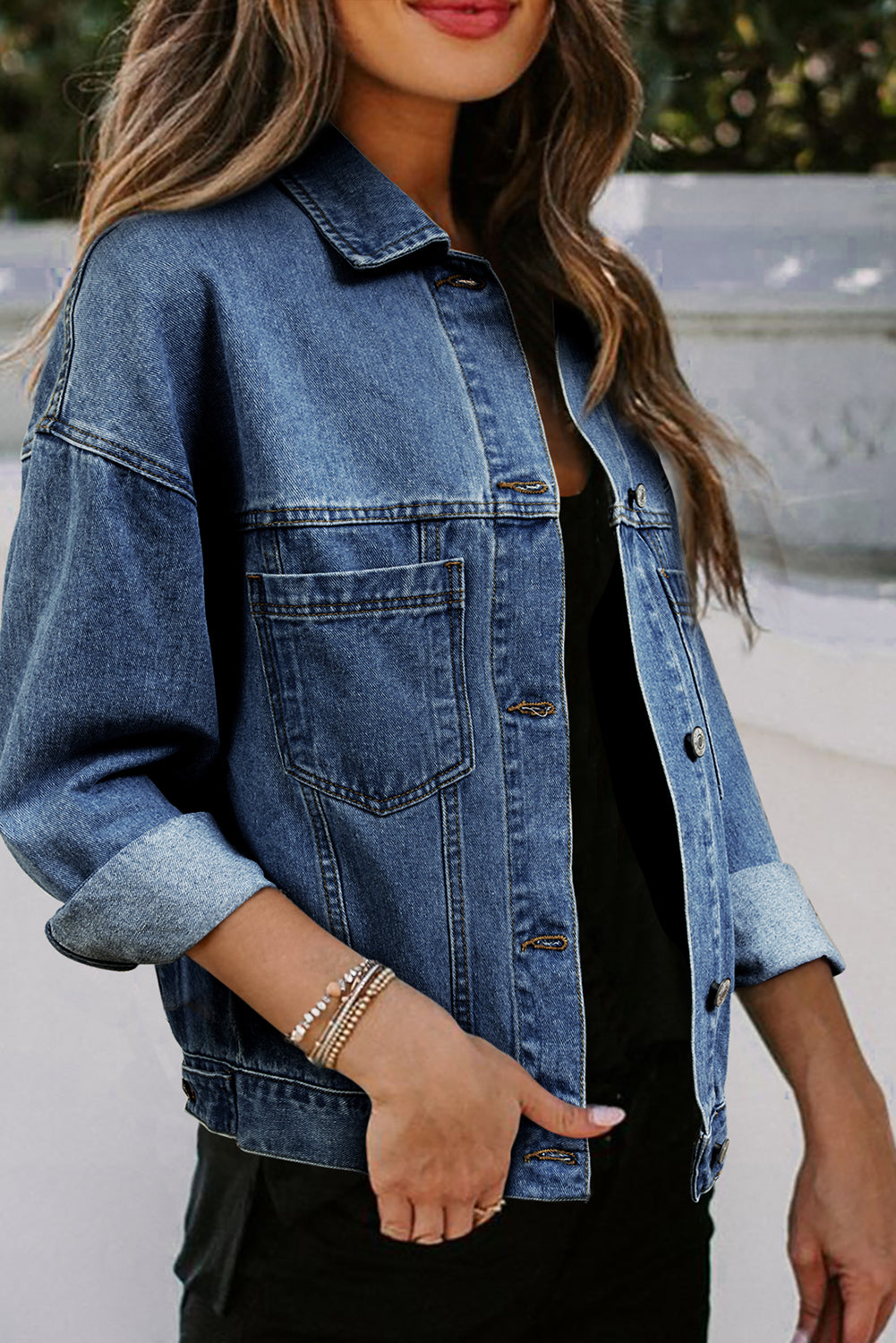 Blue Stripe Washed Oversized Pocketed Denim Jacket