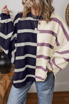 Blue Stripe Exposed Seam Patchwork Loose Sweatshirts