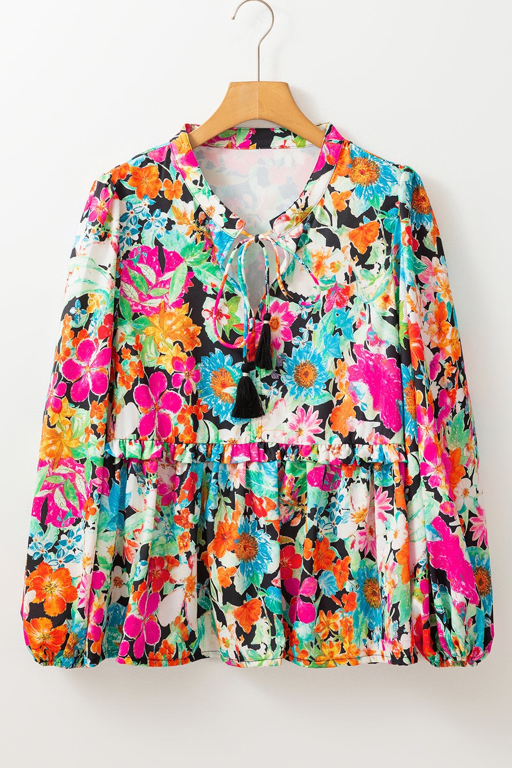 Multicolour Boho Floral V Neck Lantern Sleeve Blouse