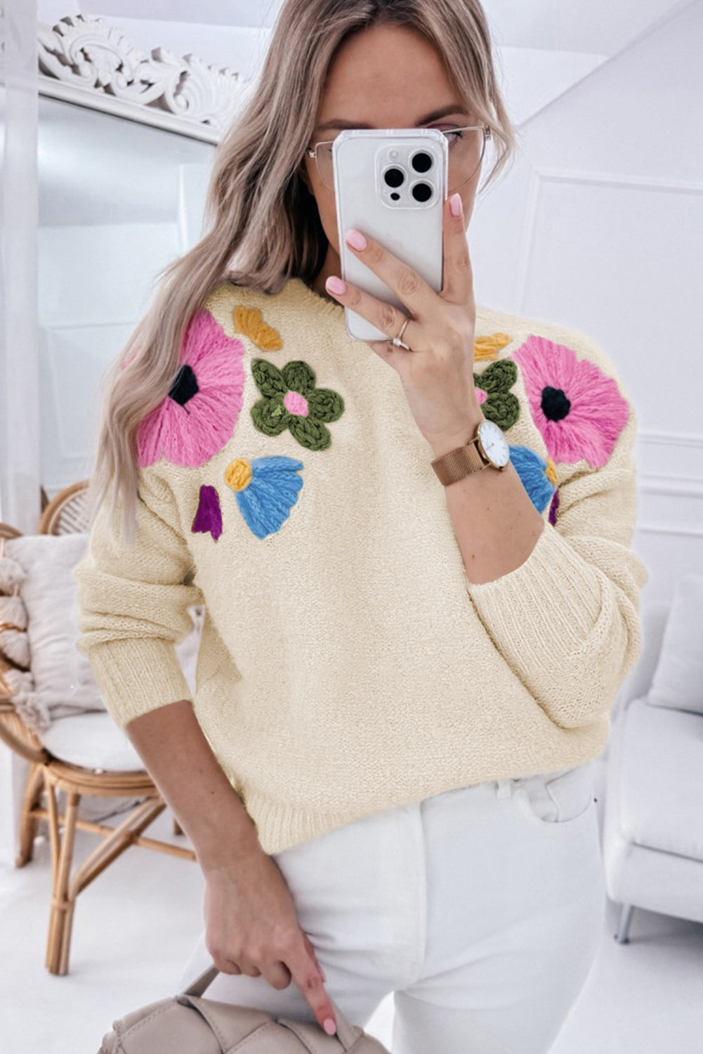 Beige 60s Flower Pattern Knitted Sweater