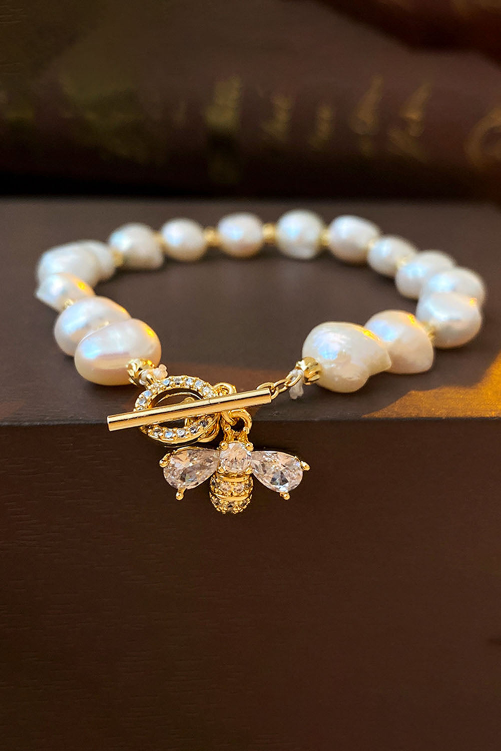 White Vintage Bee Rhinestone Baroque Pearl Bracelet