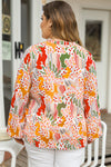 Orange Floral Abstract Print V NeckPlus Size Blouse