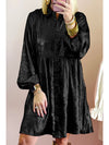 Black Metallic Sheen Puff Sleeve Button Up Mini Shirt Dress