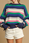 Bright Green Rainbow Striped Round Neck Drop Sleeve Sweater