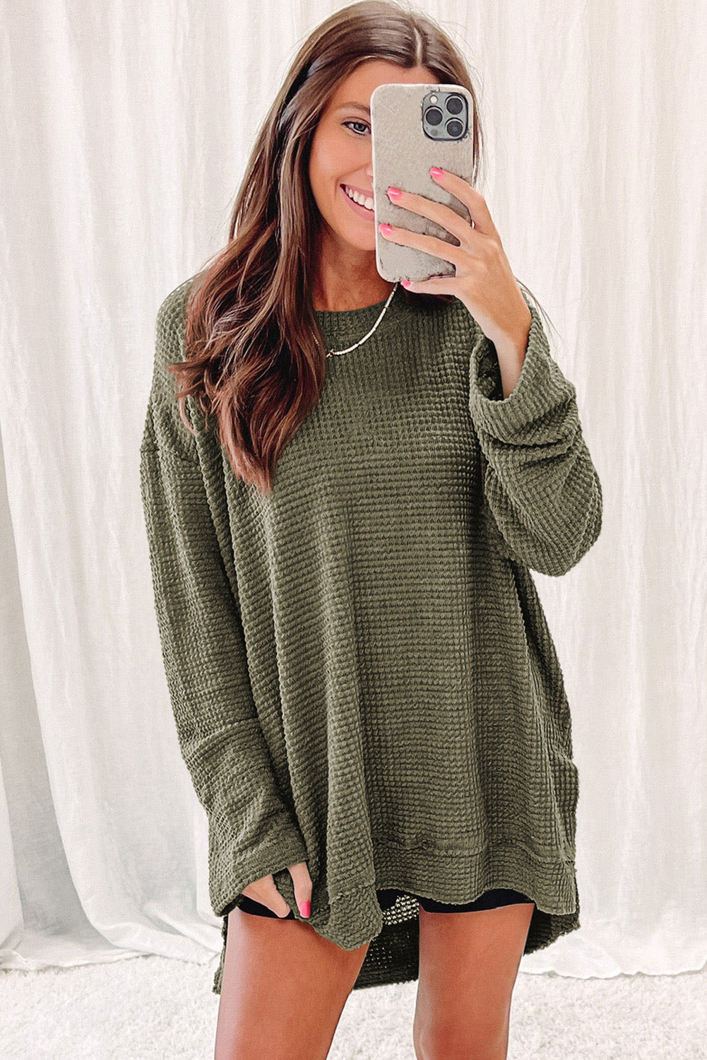 Green Waffle Knit Drop Sleeve High Slits Oversized Top