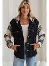 Black Patchwork Plaid Sleeve Frayed Hem Hooded Denim Jacket