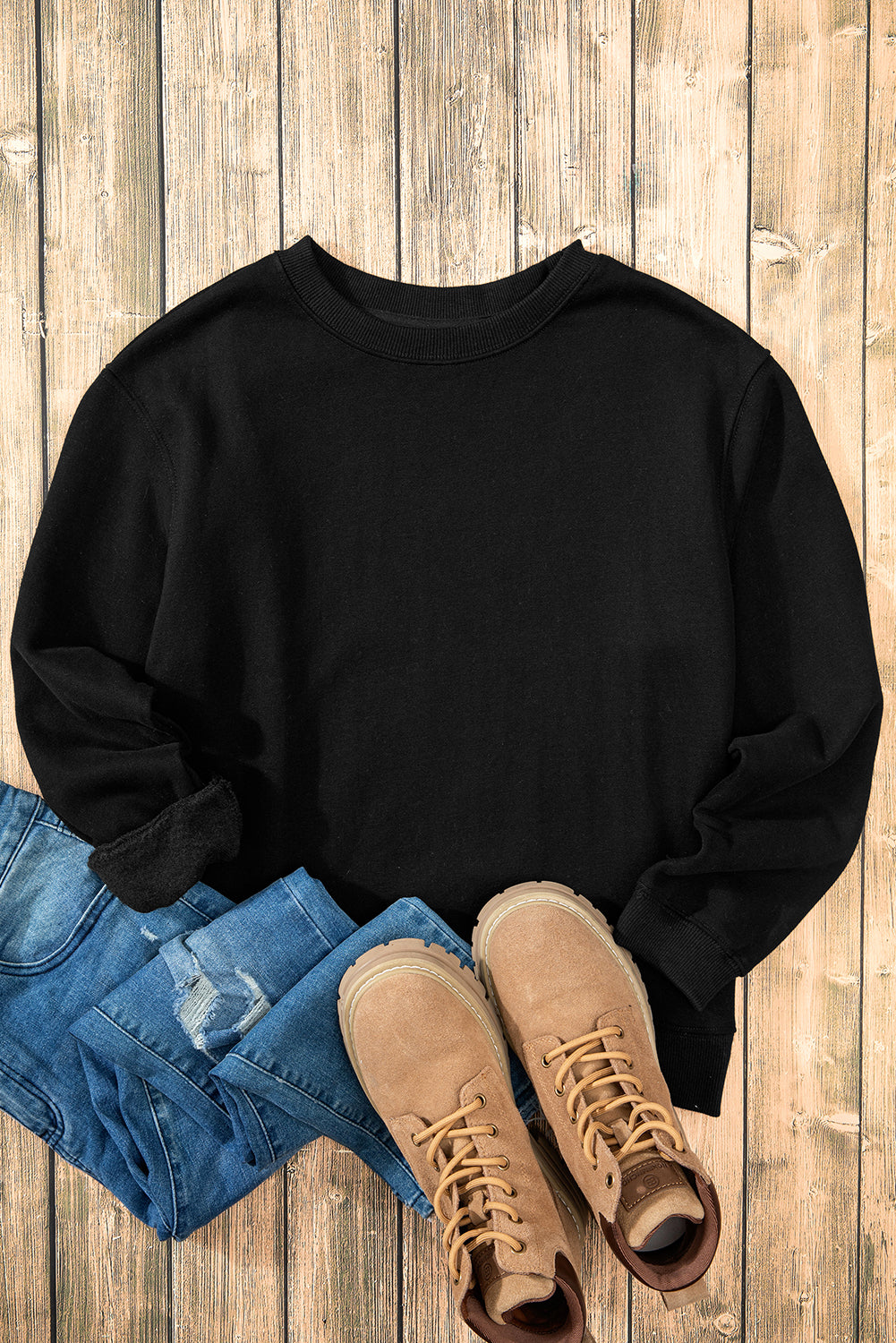 Black Solid Color Drop Shoulder Terry Sweatshirt