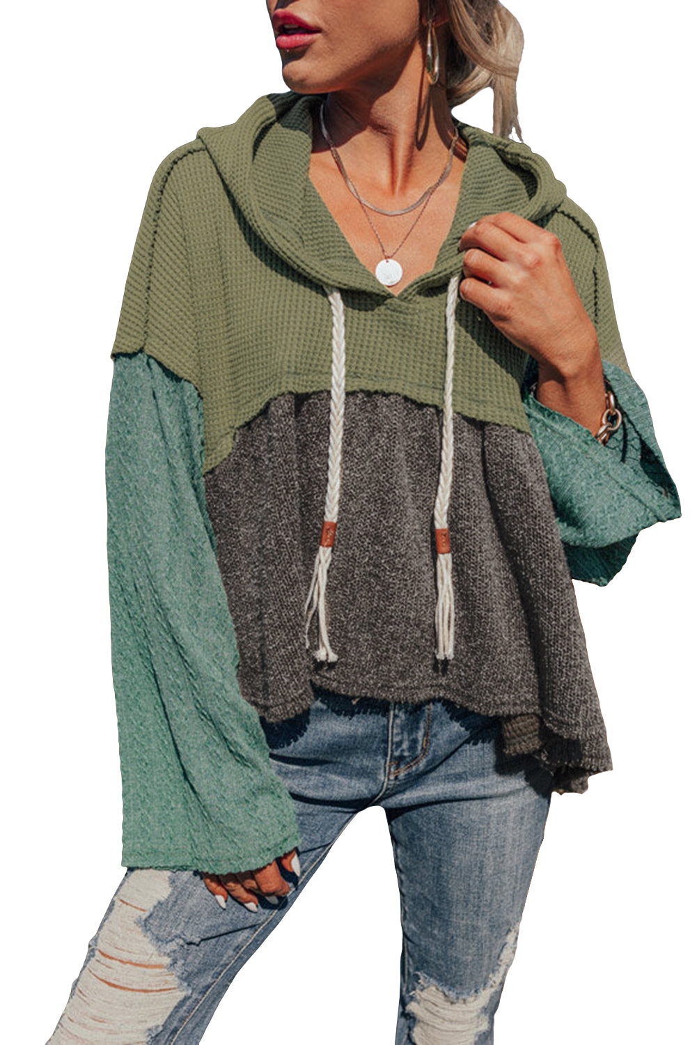 Laurel Green Waffle Knit Patchwork Drawstring Hooded Top