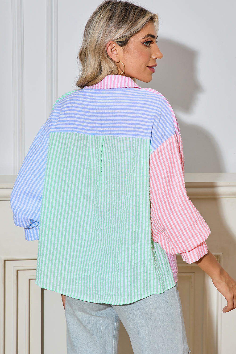 Pink Stripe Color Block Balloon Sleeve Button Loose Fit Shirt