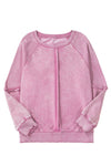 Orchid Petal Waffle Patchwork Raglan Sleeve Exposed Seam Sweatshirt