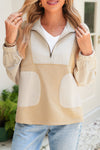 Smoke Gray Striped Patchwork Zip Collar Long Sleeve Top