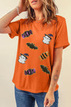 Orange Sequined Halloween Spirit Pattern Patched Custom Casual Tee