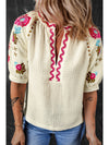 Black Floral Embroidered Ricrac Puff Sleeve Textured Blouse