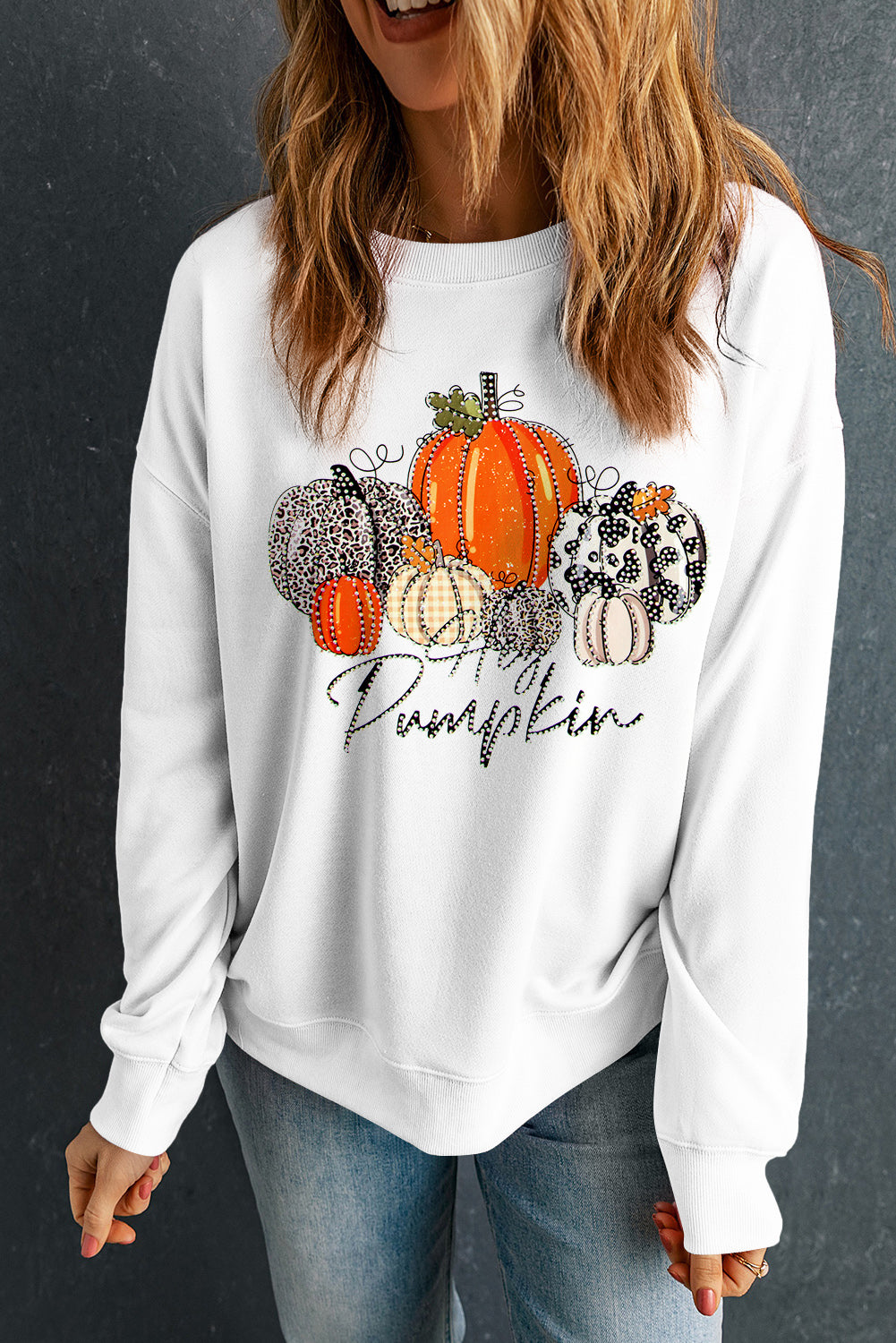 Beige Rhinestone Pumpkin Graphic Thanksgiving Sweatshirt