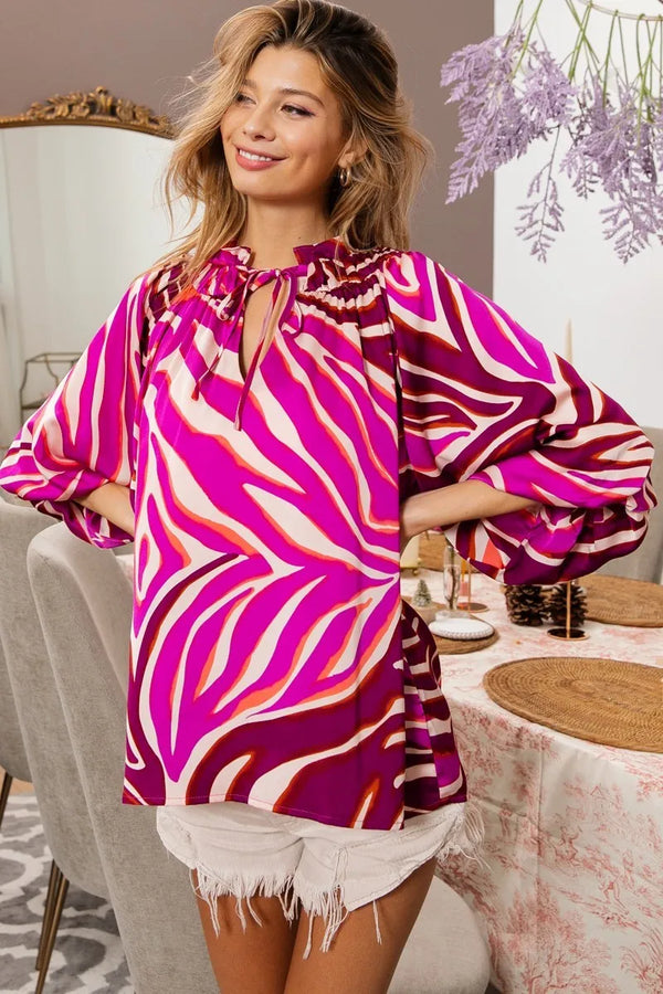 BiBi Tied Neck Half Balloon Sleeve Zebra Satin Top