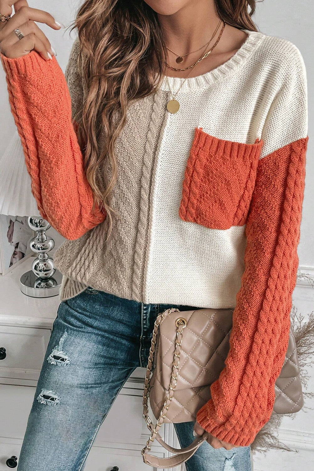 Rose Tan Colorblock Pocket Drop Shoulder Sweater